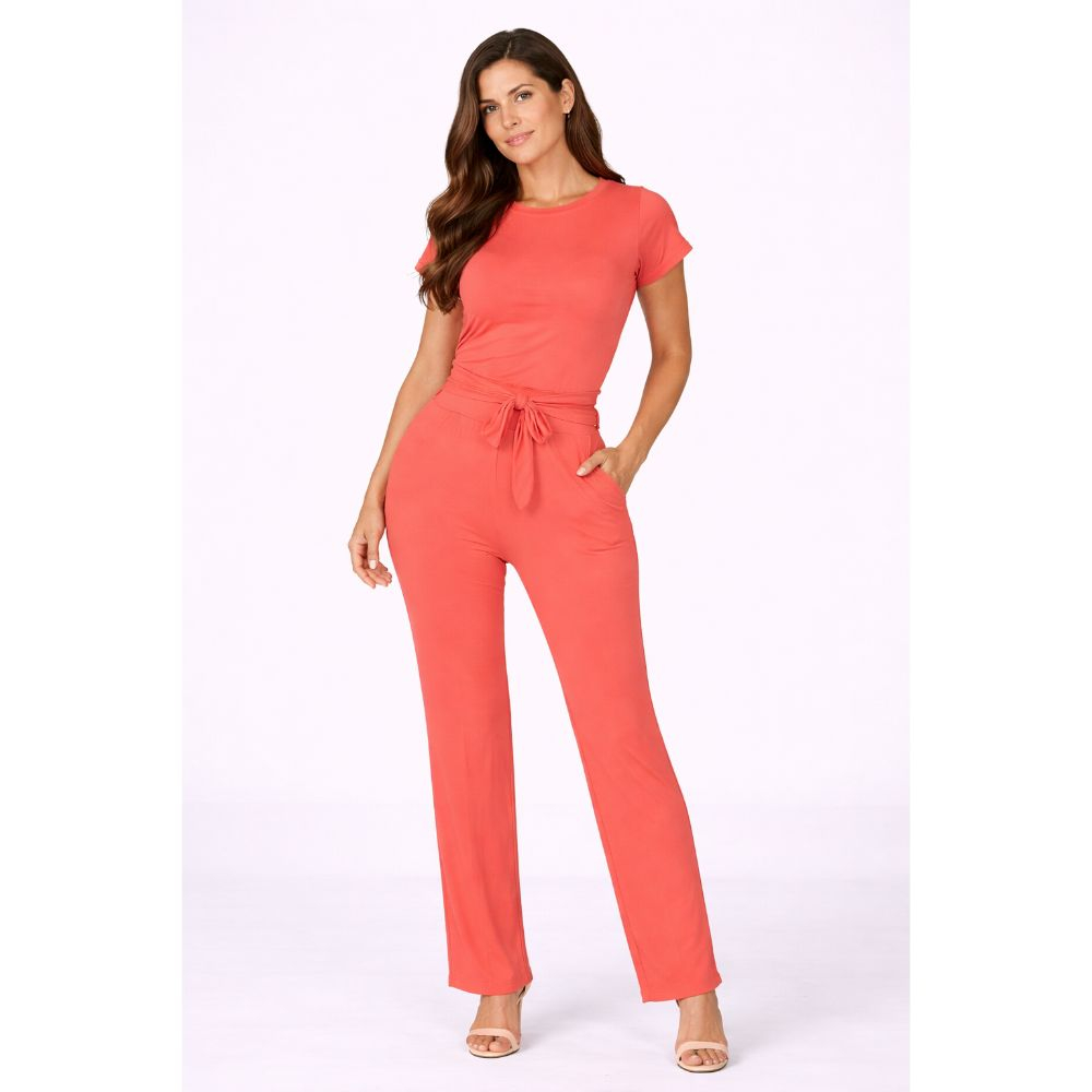 Coral Two Piece Pants Set Short Sleeve Top & High Waist Trousers